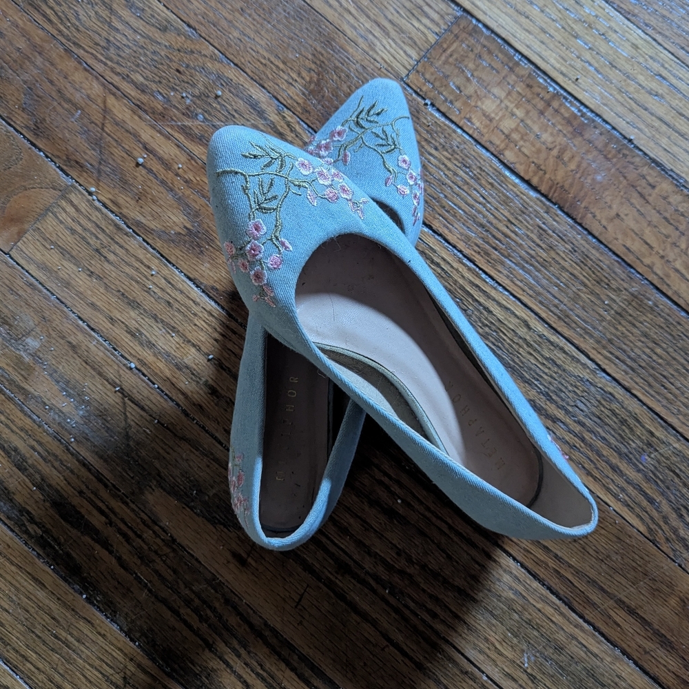Metaphor Floral Embroidered Flats in Light Blue
